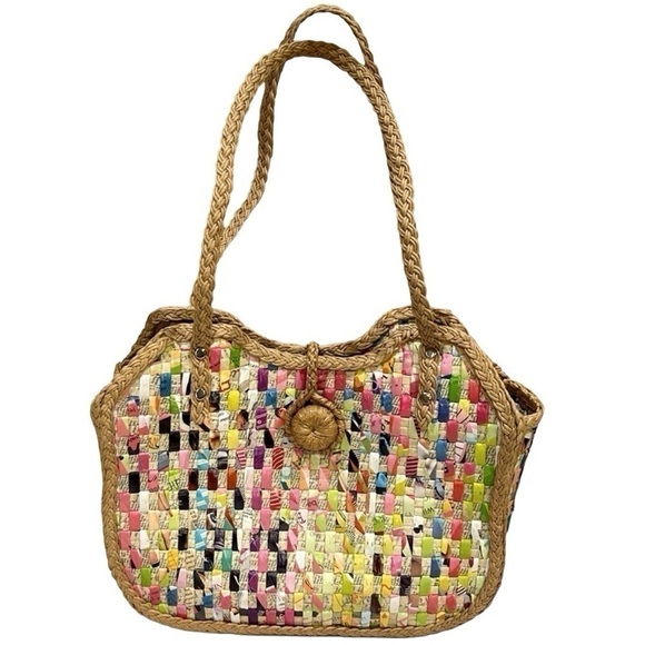 Hip Handwoven Multicolored Eco-friendly Recycled Hardshell Paper Handbag EUC - Picture 1 of 9